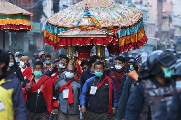 May 12, 2021, Kathmandu, NE, Nepal: Rain God, Rato Macchindranath is ascended onto a chariot in Lalitpur of Nepal on Wednesday. Ascension of Rato Macchindranath marks beginning of NepalÃ¢â‚¬â ¢s longest chariot festival which runs for months which started from 12th May, 2021. Kathmandu Nepal - ZUMAd164 20210512_zip_d164_001 Copyright: xAryanxDhimalx