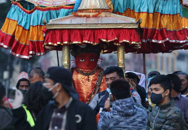 May 12, 2021, Kathmandu, NE, Nepal: Rain God, Rato Macchindranath is ascended onto a chariot in Lalitpur of Nepal on Wednesday. Ascension of Rato Macchindranath marks beginning of NepalÃ¢â‚¬â ¢s longest chariot festival which runs for months which started from 12th May, 2021. Kathmandu Nepal - ZUMAd164 20210512_zip_d164_003 Copyright: xAryanxDhimalx