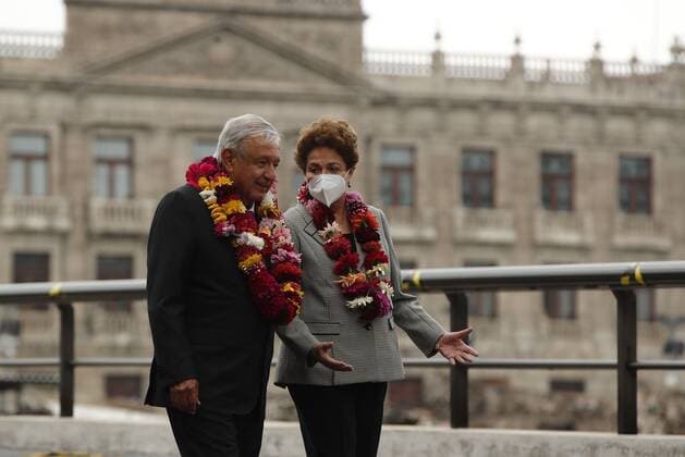 The president of Mexico, Andres Manuel Lopez Obrador (L), and the former president of Brazil Dilma Rousseff, converse during the commemoration of the 700 years of founding of Mexico-Tenochtitlan, currently Mexico City, in the archaeological zone of the Templo Mayor, in Mexico City, Mexico, 13 May 2021. Lopez Obrador and Dilma Rousseff claimed this Thursday the cultural legacy of the Mexican capital of Mexico-Tenochtitlan, present-day Mexico City, by celebrating 700 years of its founding, a date questioned by historians. As long as the world exists, the glory or fame of Mexico-Tenochtitlan will not end, said Lopez Obrador, paraphrasing an old Nahua proverb, a culture that has been established for centuries in the Valley of Mexico, in the c Copyright: xJosexMendezx MEX1894 20210513-637565353115915061