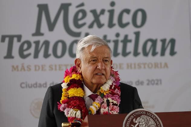 The president of Mexico, Andres Manuel Lopez Obrador, speaks during the commemoration of the 700 years of founding of Mexico-Tenochtitlan, currently Mexico City, in the archaeological zone of the Templo Mayor, in Mexico City, Mexico, 13 May 2021. Lopez Obrador and Dilma Rousseff claimed this Thursday the cultural legacy of the Mexican capital of Mexico-Tenochtitlan, present-day Mexico City, by celebrating 700 years of its founding, a date questioned by historians. As long as the world exists, the glory or fame of Mexico-Tenochtitlan will not end, said Lopez Obrador, paraphrasing an old Nahua proverb, a culture that has been established for centuries in the Valley of Mexico, in the center of the country. EFE Jose Mendez Lopez Obrador and Copyright: xJosexMendezx MEX1884 20210513-637565362026208488