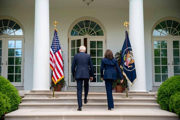 United States Vice President Kamala Harris and US President Joe Biden walk away after he gave remarks on the new Covid-19 Centers for Disease Control mask guidelines in the Rose Garden, at the White House in Washington, DC on Thursday, May 13, 2021. Fully vaccinated people no longer need to wear a face mask or stay six feet away from others in most settings, whether outdoors or indoors, the Centers for Disease Control and Prevention said in updated public health guidance released Thursday. Copyright: xPoolxviaxCNPx MediaPunchx