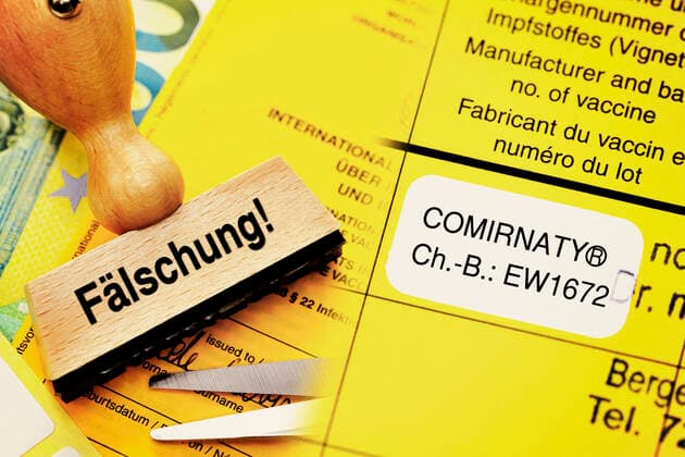 FOTOMONTAGE, Impfpass mit Stempel und Aufschrift FÃ¤lschung