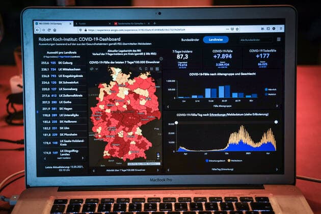 Coronavirus in Deutschland - Covid-19-Dashboard des Robert Koch-Institut 15.05.2021: Robert Koch-Institut: 7-Tage-Inzidenz 87,3. 7-Tage-Fallzahl 72.616. COVID-19-Fälle 3.584.934. Zugang um 7.894 gegenüber dem Vortag. COVID-19-Todesfälle 86.025. Zugang um 177 gegenüber dem Vortag.