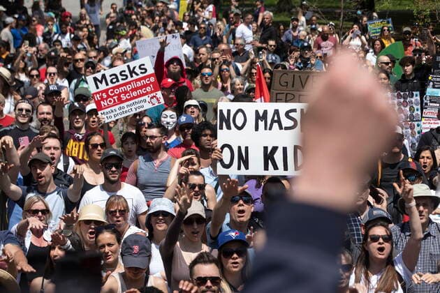 May 15, 2021, Toronto, on, Canada: Protesters gather to demonstrate against measures taken by government and public health authorities to curb the spread of COVID-19, in Toronto, Saturday, May 15, 2021. Toronto Canada  - ZUMAc35_ 20210515_zaf_c35_014 Copyright: xChrisxYoungx