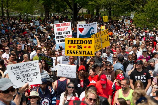 May 15, 2021, Toronto, on, Canada: Protesters gather to demonstrate against measures taken by government and public health authorities to curb the spread of COVID-19, in Toronto, Saturday, May 15, 2021. Toronto Canada  - ZUMAc35_ 20210515_zaf_c35_042 Copyright: xChrisxYoungx