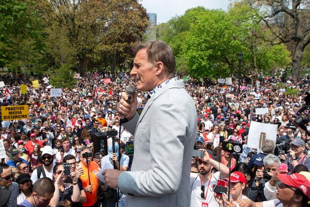 May 15, 2021, Toronto, on, Canada: Maxime Bernier, Leader of the People s Party of Canada speaks to the crowd as protesters demonstrate against measures taken by government and public health authorities to curb the spread of COVID-19, in Toronto, Saturday, May 15, 2021. Toronto Canada  - ZUMAc35_ 20210515_zaf_c35_052 Copyright: xChrisxYoungx