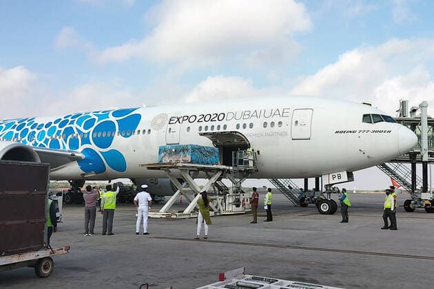 HYDERABAD, INDIA - MAY 16, 2021: Unloading a plane that has delivered a batch of Russia s Gam-COVID-Vac (Sputnik V) COVID-19 vaccine to India. The Press Office of the Russian Embassy in India TASS THIS IMAGE HAS BEEN SUPPLIED BY A THIRD PARTY. EDITORIAL USE ONLY  TS10033B