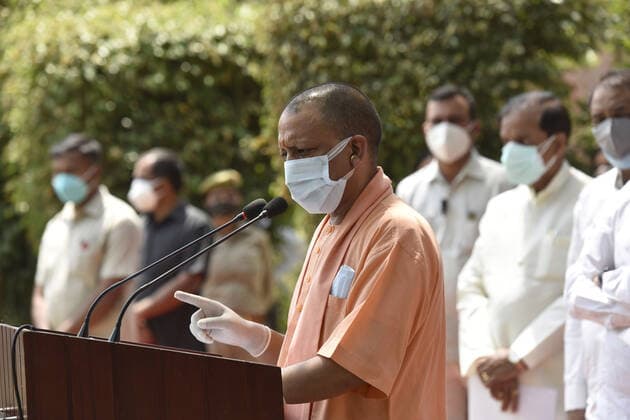 NOIDA, INDIA MAY 16: Uttar Pradesh Chief Minister Yogi Adityanath addresses the media, at Sector 16A, NTPC, on May 16, 2021 in Noida, India. The Chief Minister said that there is a possibility of a third wave in the country. The state government has prepared an action plan. Every district has been asked to set up dedicated hospitals for women and children. There are 2200 ambulances of 102. They are dedicated to women and children. Uttar Pradesh government has claimed that the state has managed to flatten the Covid curve and limit the transmission of the deadly virus. (Photo by Sunil Ghosh Hindustan Times ) Uttar Pradesh Chief Minister Yogi Adityanath Visits Noida, Ghaziabad & Meerut