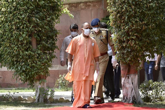NOIDA, INDIA MAY 16: Uttar Pradesh Chief Minister Yogi Adityanath arrives to address the media, at Sector 16A, NTPC, on May 16, 2021 in Noida, India. The Chief Minister said that there is a possibility of a third wave in the country. The state government has prepared an action plan. Every district has been asked to set up dedicated hospitals for women and children. There are 2200 ambulances of 102. They are dedicated to women and children. Uttar Pradesh government has claimed that the state has managed to flatten the Covid curve and limit the transmission of the deadly virus. (Photo by Sunil Ghosh Hindustan Times ) Uttar Pradesh Chief Minister Yogi Adityanath Visits Noida, Ghaziabad & Meerut