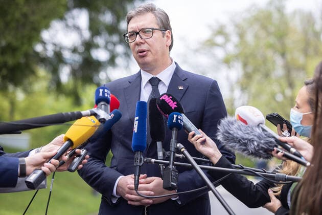 May 17, 2021, Kranj, Slovenia: Serbian president Aleksandar Vucic speaks to the press at the Brdo-Brijuni Process summit in Slovenia. Slovenian president Borut Pahor hosted a summit of the Brdo-Brijuni Process in Brdo pri Kranju where he met the presidents of Albania, Croatia, Serbia, North Macedonia, Montenegro, Kosovo and the presiding trio of Bosnia and Herzegovina, marking the 10th anniversary of the initiative. Kranj Slovenia - ZUMAs197 20210517_zaa_s197_154 Copyright: xLukaxDakskoblerx