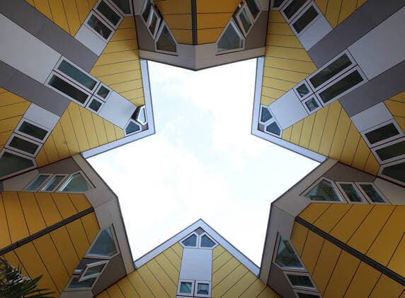 Creative Highlights World ROTTERDAM, NETHERLANDS - MAY 19, 2021: Cube houses designed by architect Piet Blom, in Overblaak Street. Vyacheslav Prokofyev TASS  TS1009F6