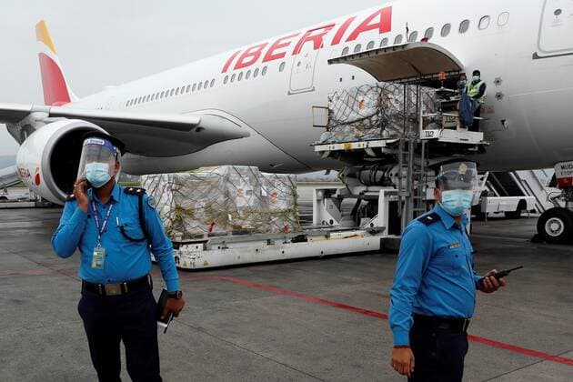 View of the health material to treat covid donated by the Spanish Agency for International Development Cooperation (AECID) as it arrives to the airport in Kathmandu, Nepal, 20 May 2021. Spanish Foreign Office has organized a trip for Spanish and other European climbers in Nepal that will be returning to Spain next 21 May 2021 after taking to the area health material to fight the coronavirus. Spanish Foreign Office has organized a trip for Spanish and other European climbers in Nepal that will be returning to Spain next 21 May 2021 after taking to the area health material to fight the coronavirus. Spanish Foreign Office organizes the return of Spanish and other European climbers !ACHTUNG: NUR REDAKTIONELLE NUTZUNG!  Copyright: xMariscalx GRAF1783 20210520-637571071703159937