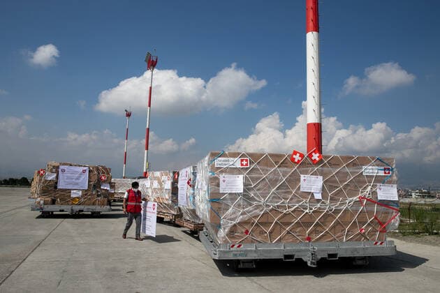 May 30, 2021, Kathmandu, Nepal: Boxes of essential medical supplies worth USD 8 Million to combat the ravaging COVID-19 crisis Support by the Switzerland Government seen after arriving at Tribhuvan International Airport..The government of Switzerland Supports 30-tonne shipment contains 40 Ventilators, Oxygen concentrators, 1.1 million rapid antigen test, and protective equipment (110000 KN95 Masks, 50000 gloves, and 15000 suits) Amounting to the value of USD 8 million to Nepal. Kathmandu Nepal - ZUMAs197 20210530_zaa_s197_002 Copyright: xPrabinxRanabhatx