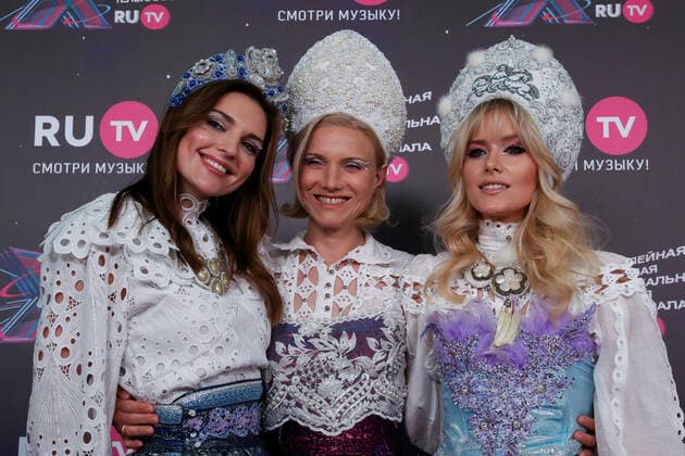 KRASNOGORSK, MOSCOW REGION, RUSSIA - MAY 22, 2021: Singers Valeria Devyatova, Maria Goncharuk, and Irina Toneva (L-R) of the pop band Fabrika attend the 10th RU.TV Channel music award ceremony at Crocus City Hall. Sergei Karpukhin TASS  TS10101B