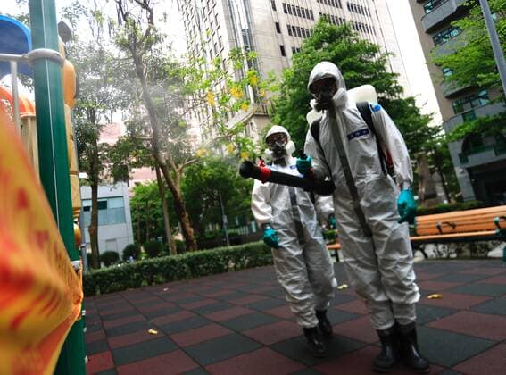 May 24, 2021, Taipei, Taipei, Taiwan: Military officers disinfect facilities at a district in Taipei, where a quarantine hotel is opened for people tested positive for Covid-19, as TaiwanÃ¢â‚¬â ¢s number of domestic cases of Covid-19 has largely risen, following a series of community transmissions. Taipei and New Taipei on May 24 stopped dine-in services at all restaurants subsequent to the nationwide Covid-19 alert level raised last week Taipei Taiwan - ZUMAs313 20210524_zip_s313_006 Copyright: xDanielxCengxShou-Yix