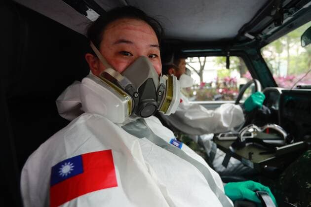 May 24, 2021, Taipei, Taipei, Taiwan: Military officers wearing a personal protective equipment seen as they disinfect an area where a quarantine hotel is opened for people tested positive for Covid-19, as TaiwanÃ¢â‚¬â ¢s number of domestic cases of Covid-19 has largely risen, following a series of community transmissions. Taipei and New Taipei on May 24 stopped dine-in services at all restaurants subsequent to the nationwide Covid-19 alert level raised last week Taipei Taiwan - ZUMAs313 20210524_zip_s313_009 Copyright: xDanielxCengxShou-Yix