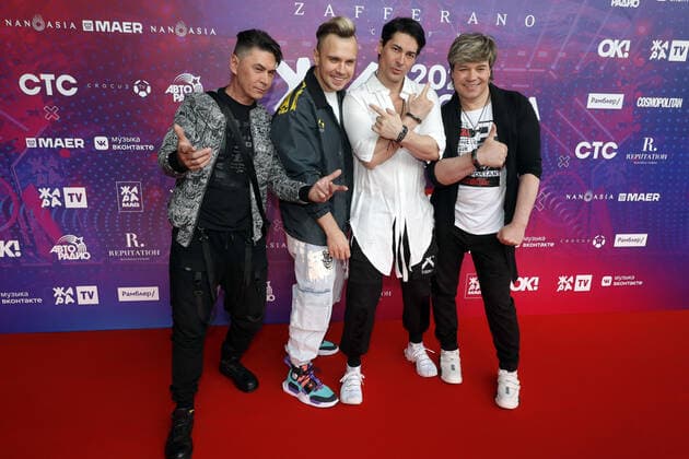 MOSCOW, RUSSIA - MAY 25, 2021: Members of the pop band Na-Na attend the pre-party event for the ZHARA Music Awards 2021 ceremony at the Zafferano restaurant. Mikhail Japaridze TASS  TS101516