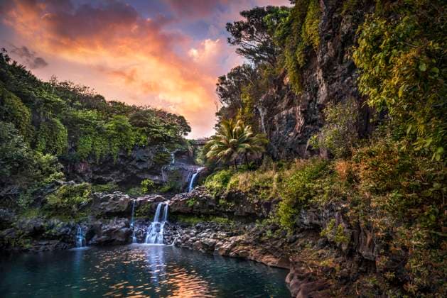Sunset clouds float by over the Pools of Ohe o (Seven Sacred Pools), Haleakala National Park, Maui, Hawaii, United States of America, Pacific Copyright: PatrickxKelley 1337-8