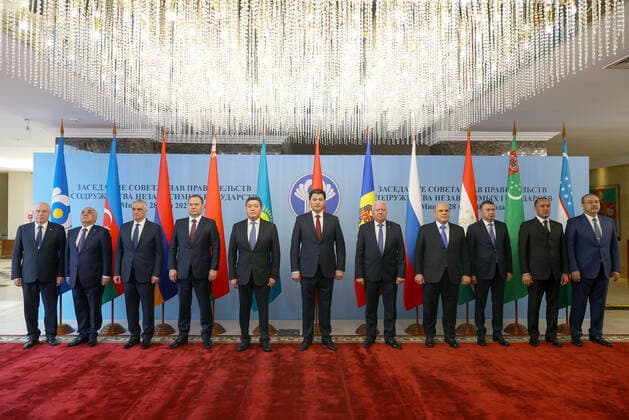 MINSK, BELARUS - MAY 28, 2021: CIS Executive Secretary Sergei Lebedev, Prime Ministers Ali Asadov of Azerbaijan, Mher Grigoryan (acting) of Armenia, Roman Golovchenko of Belarus, Askar Mamin of Kazakhstan, Ulukbek Maripov of Kyrgyzstan, Moldova s Ambassador to Belarus Victor Sorochan, Prime Ministers Mikhail Mishustin of Russia, Kokhir Rasulzoda of Tajikistan, Gadirgeldi Mushshikov (deputy) of Turkmenistan and Abdulla Aripov (L-R) of Uzbekistan pose for a group picture as the heads of delegations to a session of the CIS Council of the Heads of State. Andrei Pokumeiko BelTA TASS  TS101B4F
