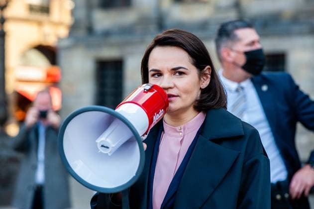 May 28, 2021, Amsterdam, Netherlands: Belarusian opposition leader Svetlana Tikhanovskaya speaks during the demonstration..Belarusian opposition leader Svetlana Tikhanovskaya met with the Belarusian community in The Netherlands during a protest organized at the Dam Square. After the arrest of Belarusian opposition blogger Roman Protasevich, who was on the diverted Ryanair flight, the Belarusian opposition leader Svetlana Tikhanovskaya has called for a public Europe-wide show of solidarity with Belarus on May 29. Amsterdam Netherlands - ZUMAs197 20210528_zaa_s197_157 Copyright: xAnaxFernandezx