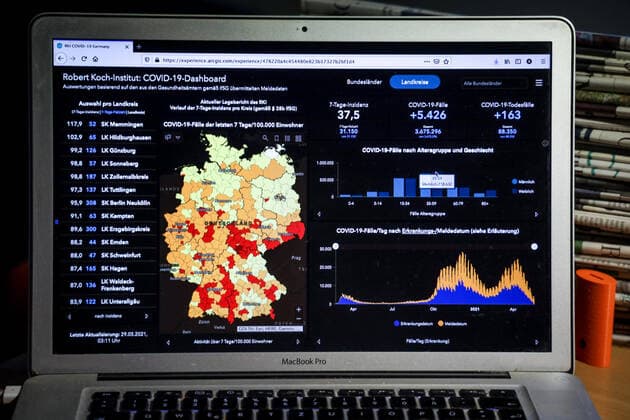 Coronavirus in Deutschland - Covid-19-Dashboard des Robert Koch-Institut 29.05.2021: Robert Koch-Institut: 7-Tage-Inzidenz 37,5. 7-Tage-Fallzahl 31.150. COVID-19-Fälle 3.675.296. Zugang um 5.426 gegenüber dem Vortag. COVID-19-Todesfälle 88.350. Zugang um 163 gegenüber dem Vortag.