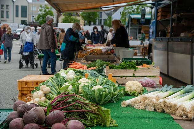 Traditioneller Wochenmarkt in Heide 29.05.2021Auf dem traditionellen Wochenmarkt auf dem Marktplatz in Heide in Schleswig-Holstein kann man das ganze Jahr über einkaufen. Produzenten aus der Region bieten hier im samstags ihre Erzeugnisse an. Verkauft werden vor allem Fisch, Fleisch, Käse, Backwaren, Eier, Obst und Gemüse sowie Blumen, landwirtschaftliche Artikel und Waren des täglichen Bedarfs. Zurzeit gilt hier und in der Innenstadt die Maskenpflicht. Heide Marktplatz Schleswig-Holstein Deutschland