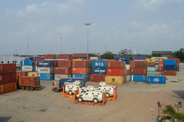 COVID-19 Lockdown In Kolkata A group of United Nations ( UN ) armored vehicle is seen to wait for transportation at a port , during COVID-19 lockdown in Kolkata , India , on 30 May 2021 . West Bengal government has extended COVID-19 lockdown restrictions in the state till June 15 , to curb the spread of COVID-19 in the state . West Bengal has recorded over 11,000 cases yesterday , with India recording over 1.6 Lakh cases , its lowest daily cases record in 2 months according to Indian media report . Kolkata India chatterjee-notitle210530_npXmL  Copyright: xDebarchanxChatterjeex