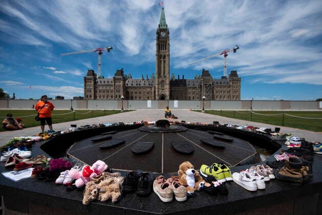 Bilder des Jahres 2021, News 05 Mai News Themen der Woche KW21 News Bilder des Tages May 30, 2021, Ottawa, on, Canada: Shoes line the edge of the Centennial Flame on Parliament Hill in memory of the 215 children whose remains were found at the grounds of the former Kamloops Indian Residential School at TkÃ¢â‚¬â ¢emlups te Secwo pemc First Nation in Kamloops, B.C., on Sunday, May 30, 2021, Ottawa Canada  - ZUMAc35_ 20210530_zaf_c35_047 Copyright: xJustinxTangx