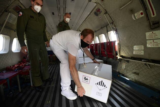 A Czech military plane with over 100,062 doses of the Pfizer BioNTech COVID vaccines, which Serbia donated to Czechia, arrived from Belgrade today, on Monday, May 31, 2021. (CTKxPhoto RomanxVondrous) CTKPhotoP2021053105349  VND