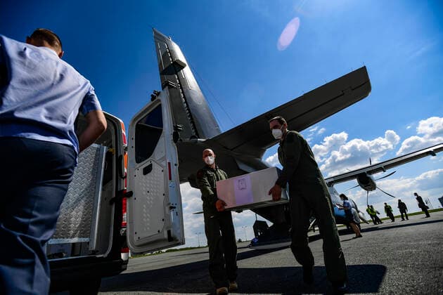 A Czech military plane with over 100,062 doses of the Pfizer BioNTech COVID vaccines, which Serbia donated to Czechia, arrived from Belgrade today, on Monday, May 31, 2021. (CTKxPhoto RomanxVondrous) CTKPhotoP2021053105813  vnd 5