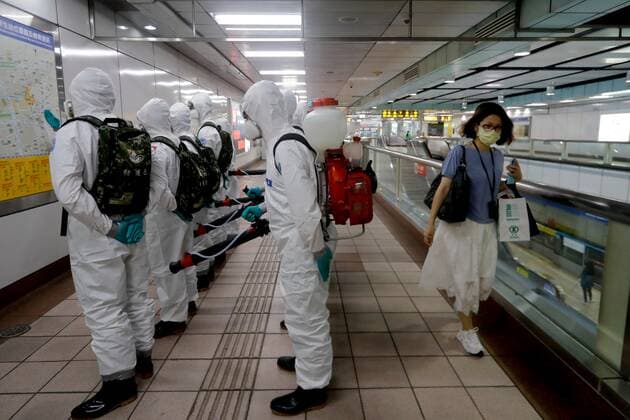 June 1, 2021, Taipei, Taipei, Taiwan: Chemical troops disinfecting public areas and transport seem on an underground train in Taipei, as Taiwan has seen more domestic Covid-19 cases and deaths related to the coronavirus. Taiwan CECC reported new 327 domestic COVID-19 cases and 13 deaths on Monday, bringing the total to 8,842, of which more than 7,500 are domestic cases. Taipei Taiwan - ZUMAs313 20210601_zip_s313_002 Copyright: xDanielxCengxShou-Yix
