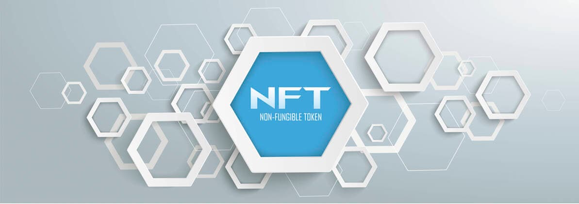 Abstract Futuristic Hexagons NFT Gray Header Gray banner with abstract hexagon structure and the text NFT.