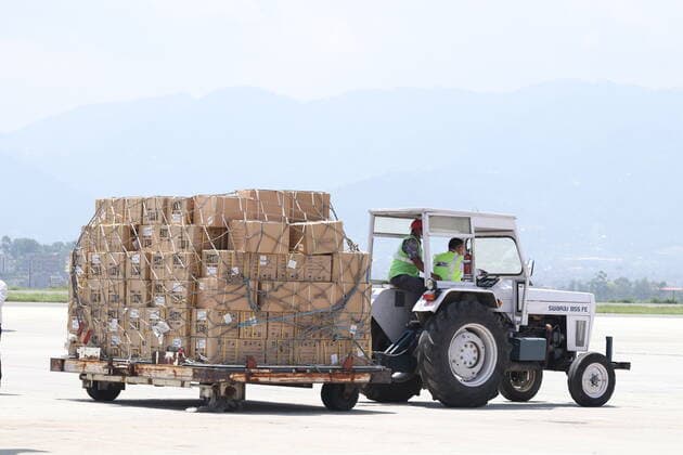 Support of medical supplies by France s Government to Nepal in its fight against Covid-19 Nepal receives 7-tons of humanitarian cargo consist of medical equipment sent from France s government in order to combat the covid-19 crisis in Nepal. Kathmandu 03-Bagmati Nepal Copyright: AbhishekxMaharjan