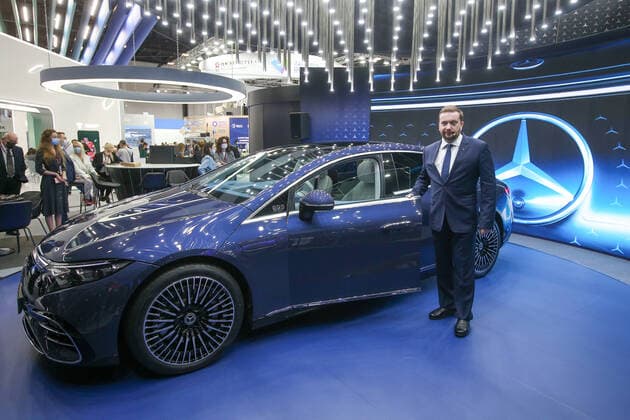 ST PETERSBURG, RUSSIA - JUNE 2, 2021: Alexander Stuglev, chairman of the Board, director of the Roscongress Foundation, attends a ceremony to reveal the EQS electric sedan, the new Mercedes-Maybach S-Class vehicle and the Mercedes-Benz strategy at the 24th St Petersburg International Economic Forum (SPIEF 2021) at the ExpoForum Convention and Exhibition Center.Yegor Aleyev TASS Host Photo Agency  TS102A9D