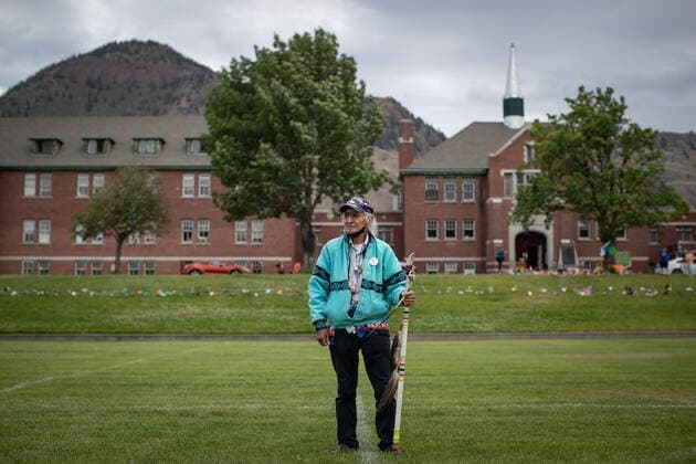 June 4, 2021, Kamloops, BC, Canada: Kamloops Indian Residential School survivor Stanley Paul, 75, who was forced into the school when he was 7 and escaped by running away to the United States when he was 16, poses for a photograph outside the former school, in Kamloops, B.C., on Friday, June 4, 2021. The remains of 215 children have been discovered buried near the former school. Kamloops Canada - ZUMAc35_ 20210604_zaf_c35_079 Copyright: xDarrylxDyckx