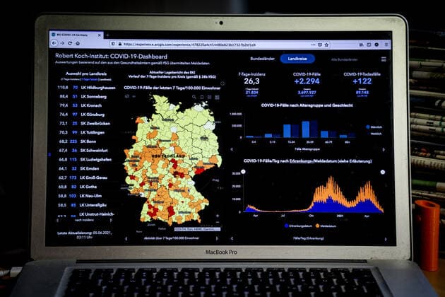 Coronavirus in Deutschland - Covid-19-Dashboard des Robert Koch-Institut 05.06.2021: Robert Koch-Institut: 7-Tage-Inzidenz 26,3. 7-Tage-Fallzahl 21.834. COVID-19-Fälle 3.697.927. Zugang um 2.294 gegenüber dem Vortag. COVID-19-Todesfälle 89.148. Zugang um 122 gegenüber dem Vortag.