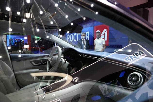 ST PETERSBURG, RUSSIA - JUNE 5, 2021: A Mercedes-Benz EQS electric luxury car on display at the ExpoForum Convention and Exhibition Centre during the 2021 St Petersburg International Economic Forum (SPIEF). Sergei Bobylev TASS Host Photo Agency  TS103C70