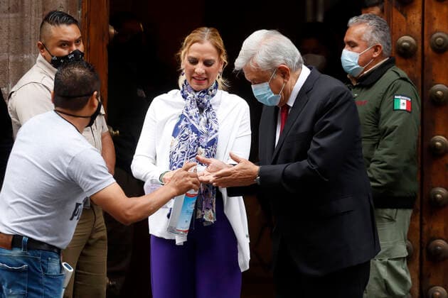 Lopez Obrador Mexical Legislative Elections 2021 MEXICO CITY, MEXICO - JUNE 6: Mexico s President AndrÃ s Manuel Lopez Obrador accompanied by his wife Beatriz Gutierrez Müller receives antibacterial gel before voting at the polling place located at the Archbishop s Museum during Mexican Legislative elections to elect federal deputies , Mexico s mayors and Councilman on June 6, 2021 in Mexico City, Mexico. Copyright: xLuisxBarronx EYEPIXGROUP_LB_06062021_8316