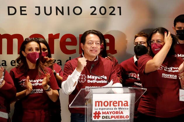 Mario Delgado Celebrates The Victory Of Mexican Elections MEXICO CITY, MEXICO JUNE 6: The president of the National Regeneration Movement party of Mexico (MORENA), Mario Delgado, celebrates the victory with the trust of citizens, having majority of voters for Morena on June 6, 2021 in Mexico City, Mexico. Copyright: xLuisxBarronx EYEPIXGROUP_LB_06062021_8479