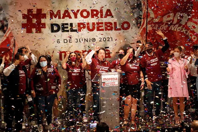 Mario Delgado Celebrates The Victory Of Mexican Elections MEXICO CITY, MEXICO JUNE 6: The president of the National Regeneration Movement party of Mexico (MORENA), Mario Delgado, celebrates the victory with the trust of citizens, having majority of voters for Morena on June 6, 2021 in Mexico City, Mexico. Copyright: xLuisxBarronx EYEPIXGROUP_LB_06062021_8498