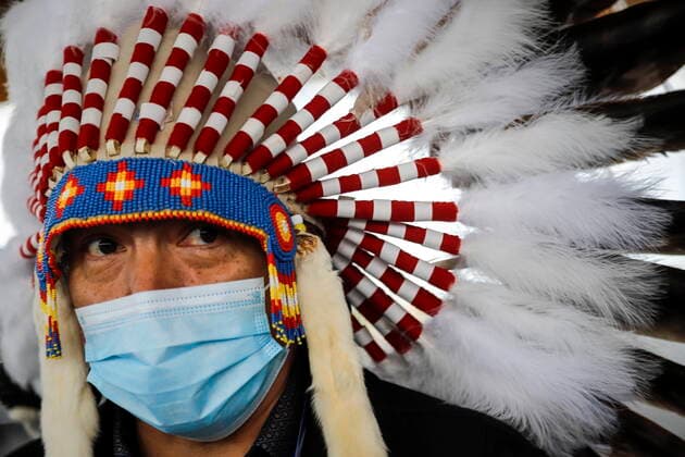 June 7, 2021, Calgary, ab, Canada: Tsuut ina Nation elder Ellery Starlight takes part in a silent march in memory of the 215 unmarked graves found at Kamloops, B.C., in Calgary, Alta., Monday, June 7, 2021. Calgary Canada - ZUMAc35_ 20210607_zaf_c35_032 Copyright: xJeffxMcintoshx