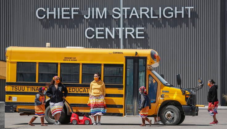 June 7, 2021, Calgary, ab, Canada: Members of the Tsuut ina Nation gather at a school bus after taking part in a silent march in memory of the 215 unmarked graves found at Kamloops, B.C., in Calgary, Alta., Monday, June 7, 2021. Calgary Canada - ZUMAc35_ 20210607_zaf_c35_039 Copyright: xJeffxMcintoshx