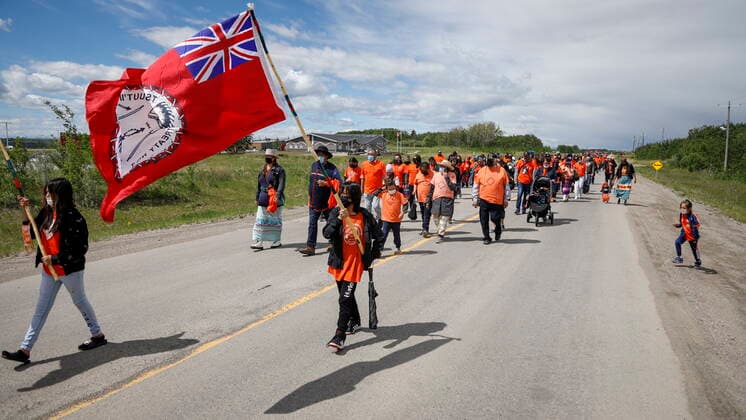 June 7, 2021, Calgary, ab, Canada: Members of the Tsuut ina Nation take part in a silent march in memory of the 215 unmarked graves found at Kamloops, B.C., in Calgary, Alta., Monday, June 7, 2021. Calgary Canada - ZUMAc35_ 20210607_zaf_c35_040 Copyright: xJeffxMcintoshx