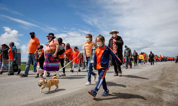 June 7, 2021, Calgary, ab, Canada: Members of the Tsuut ina Nation take part in a silent march in memory of the 215 unmarked graves found at Kamloops, B.C., in Calgary, Alta., Monday, June 7, 2021. Calgary Canada - ZUMAc35_ 20210607_zaf_c35_042 Copyright: xJeffxMcintoshx