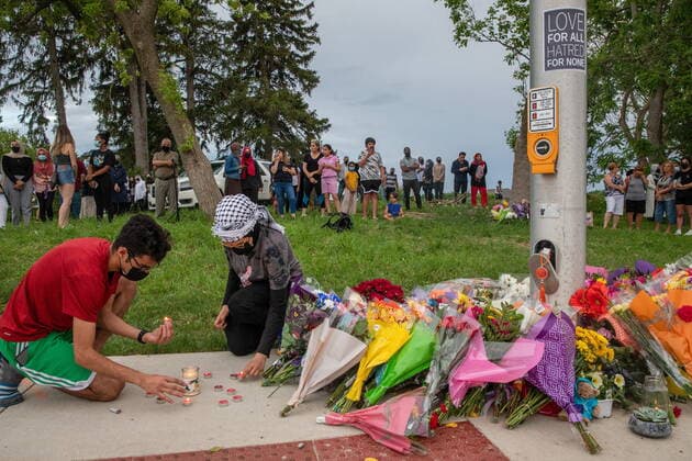June 7, 2021, London, on, Canada: Abood, 18, left, and his sister Zeina Abdulhadi, 15, attend a memorial at the location where a family of five was hit by a driver, in London, Ont., Monday, June 7, 2021. Four of the members of the family died and one is in critical condition. A 20 year old male has been charged with four counts of first degree murder and count of attempted murder in connection with the crime. London Canada - ZUMAc35_ 20210607_zaf_c35_076 Copyright: xBrettxGundlockx