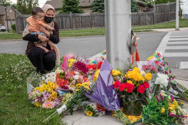 June 7, 2021, London, on, Canada: Nafisa Azima and her daughter Seena Safdari attend a memorial at the location where a family of five was hit by a driver, in London, Ont., Monday, June 7, 2021. Four of the members of the family died and one is in critical condition. A 20 year old male has been charged with four counts of first degree murder and count of attempted murder in connection with the crime. London Canada  - ZUMAc35_ 20210607_zaf_c35_079 Copyright: xBrettxGundlockx