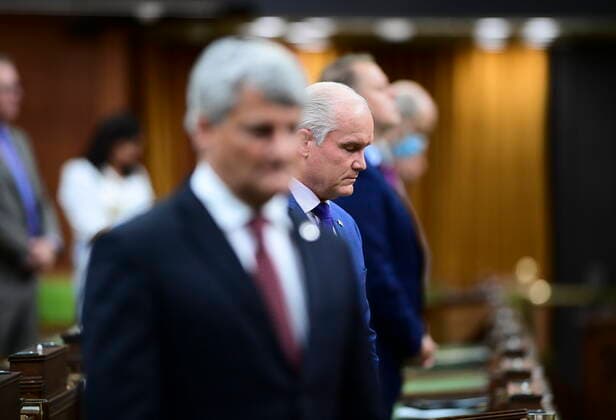 June 8, 2021, Ottawa, on, Canada: Conservative leader Erin O Toole and fellow member s of Parliament takes part in a moment of silence in the House of Commons on Parliament Hill in Ottawa on Tuesday, June 8, 2021, in recognition of the recent tragedy in London, Ontario. Ottawa Canada  - ZUMAc35_ 20210608_zaf_c35_009 Copyright: xSeanxKilpatrickx