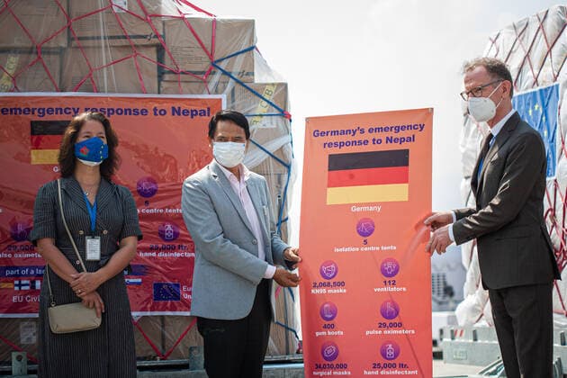 Virus Outbreak Nepal German Ambassador to Nepal, Roland Schafer interacts with Nepal s Health Minister Sher Bahadur Tamang during the medical support handover program to the Himalayan nation to combat COVID-19 surge at Kathmandu, Nepal Tuesday, June 8, 2021. Kathmandu Nepal shrestha-notitle210608_np21E  Copyright: xRojanxShresthax