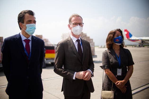 Virus Outbreak Nepal French Ambassador Francois-Xavier Leger (L), EU Ambassador Nona Deprez (R), and German Ambassador Roland Shäfer (C) interacts with media personnel during the medical support handover program at Kathmandu, Nepal on Tuesday, June 8, 2021. Kathmandu Nepal shrestha-notitle210608_npvhR  Copyright: xRojanxShresthax