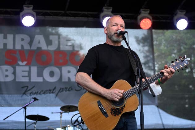 Czech musician David Koller plays on a concert in support of free Belarus dedicated to Belarusian opposition leader Sviatlana Tsikhanouskaya (not on the photo) who attended it on the Kampa island in Prague centre tonight, on Tuesday, June 8, 2021. Like Senate chairman Milos Vystrcil (Civic Democrats, ODS) earlier, the moderator of the event entitled We Are Playing for Free Belarus - a Concert for Sviatlana, Tomas Mechacek, called her the Belarusian president. (CTKxPhoto OndrejxDeml) CTKPhotoP2021060809137  dml 004